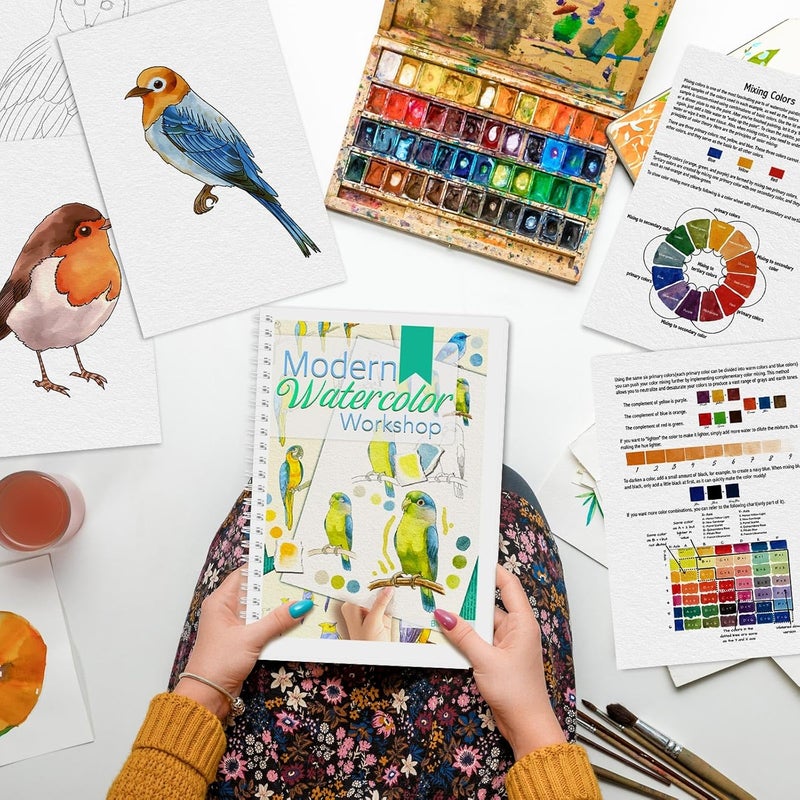 ADEVIAN Watercolor Workbook, Watercolor Workbook Paint Book Beginner Friendly, 12 Different Patterns Stress-Relieving Art Crafts for Creative Exploration Gift for Women Adults Teens (Bird, 1) - Image 2